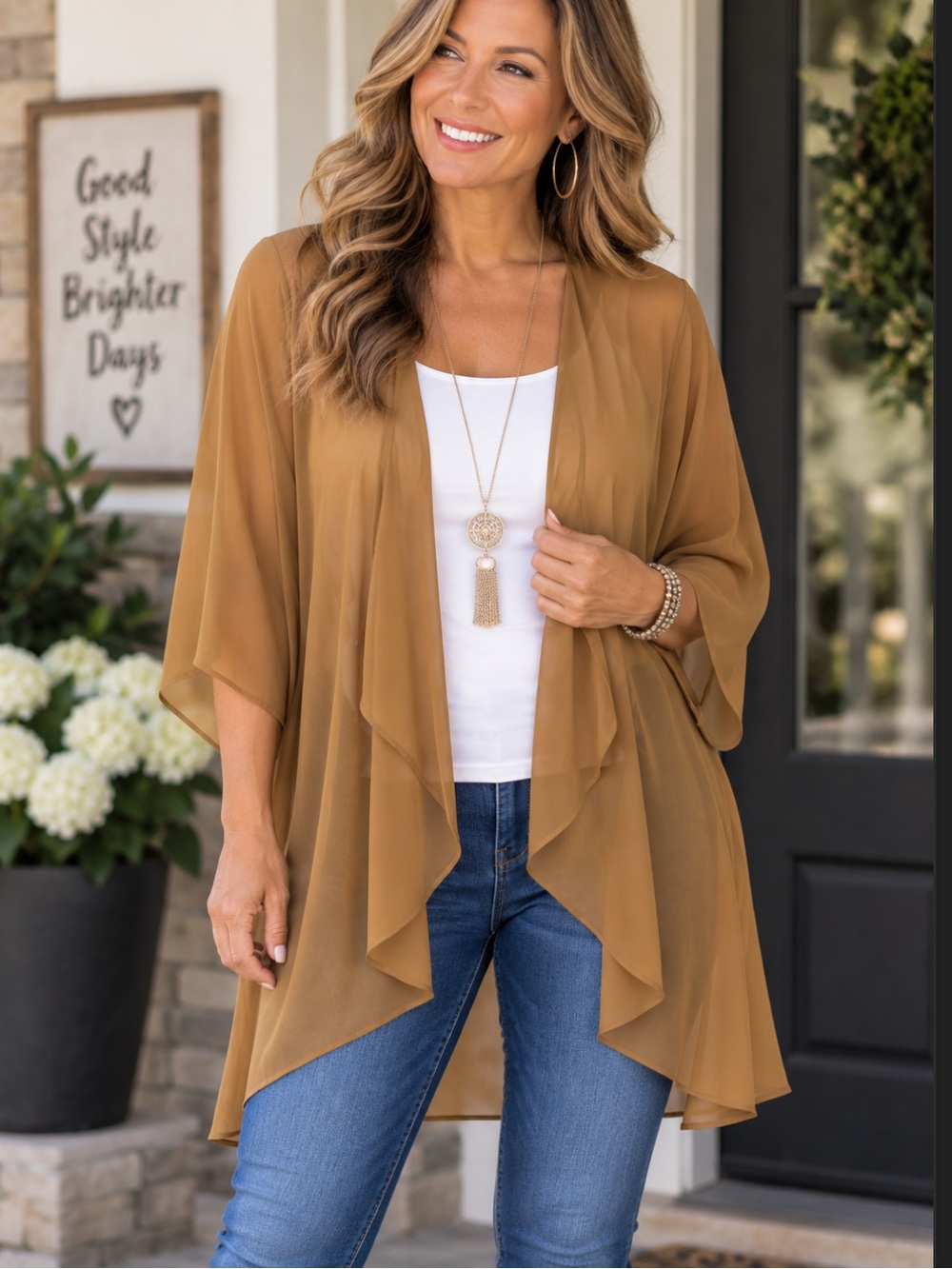 Lightweight Draped Open-Front Kimono Cover - Tan size XL NWOT